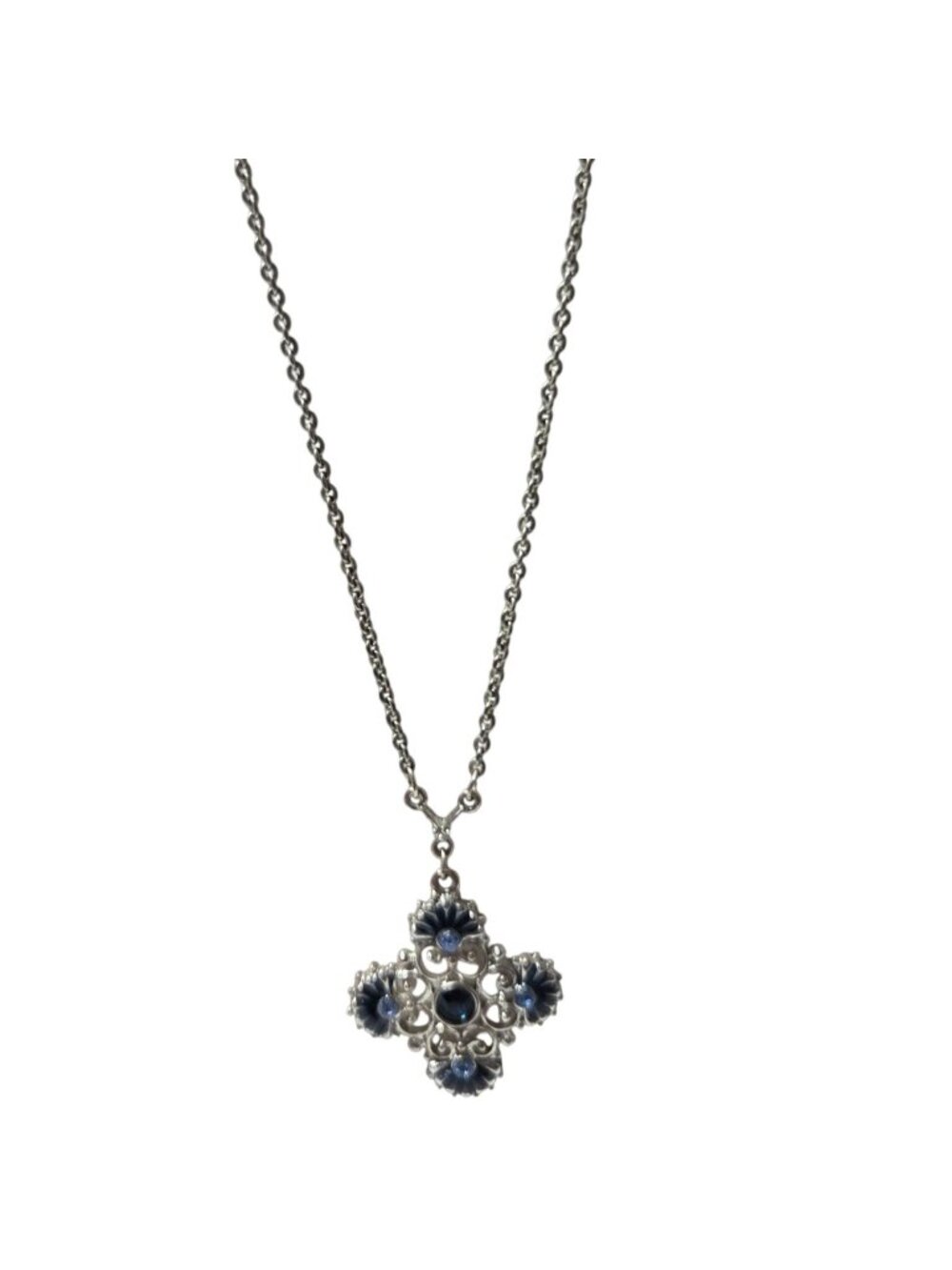 Vintage 1928 Pendant Necklace Blue Rhinestone Cross Ornate Filigree Jewelry